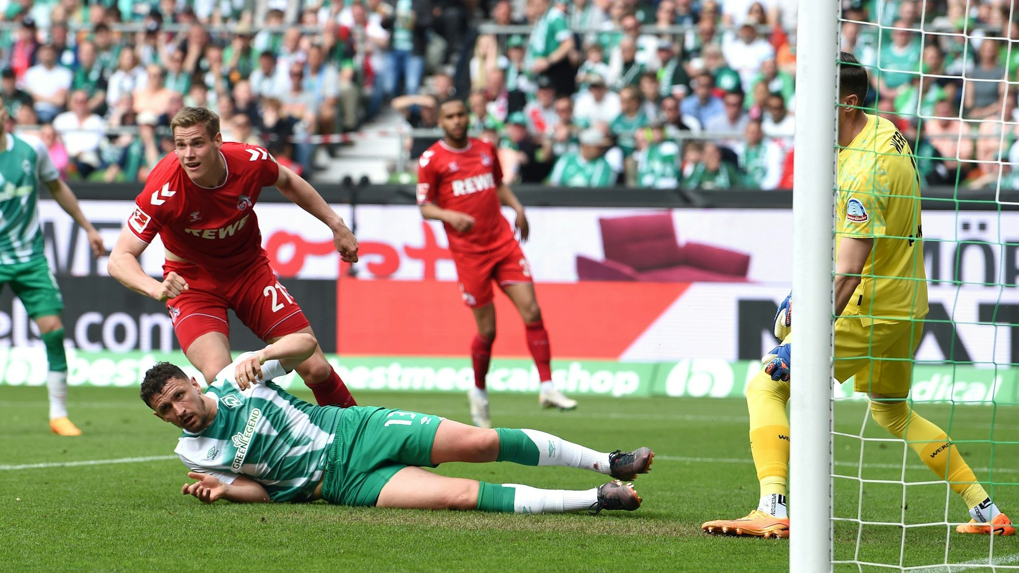 Kölns Steffen Tigges (l) erzielt gegen Werders Milos Veljkovic und Torwart Jiri Pavlenka (r) das Tor zum 0:1.