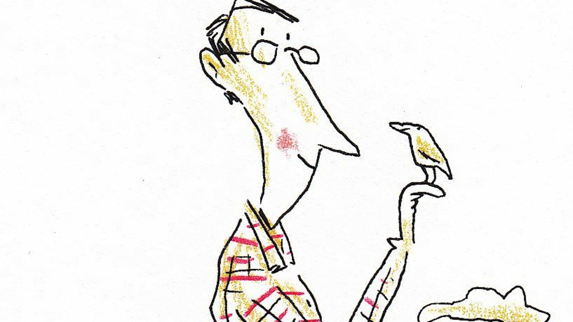 Philip Waechter hat sich selbst mit einem Vogel auf der Hand gezeichnet.