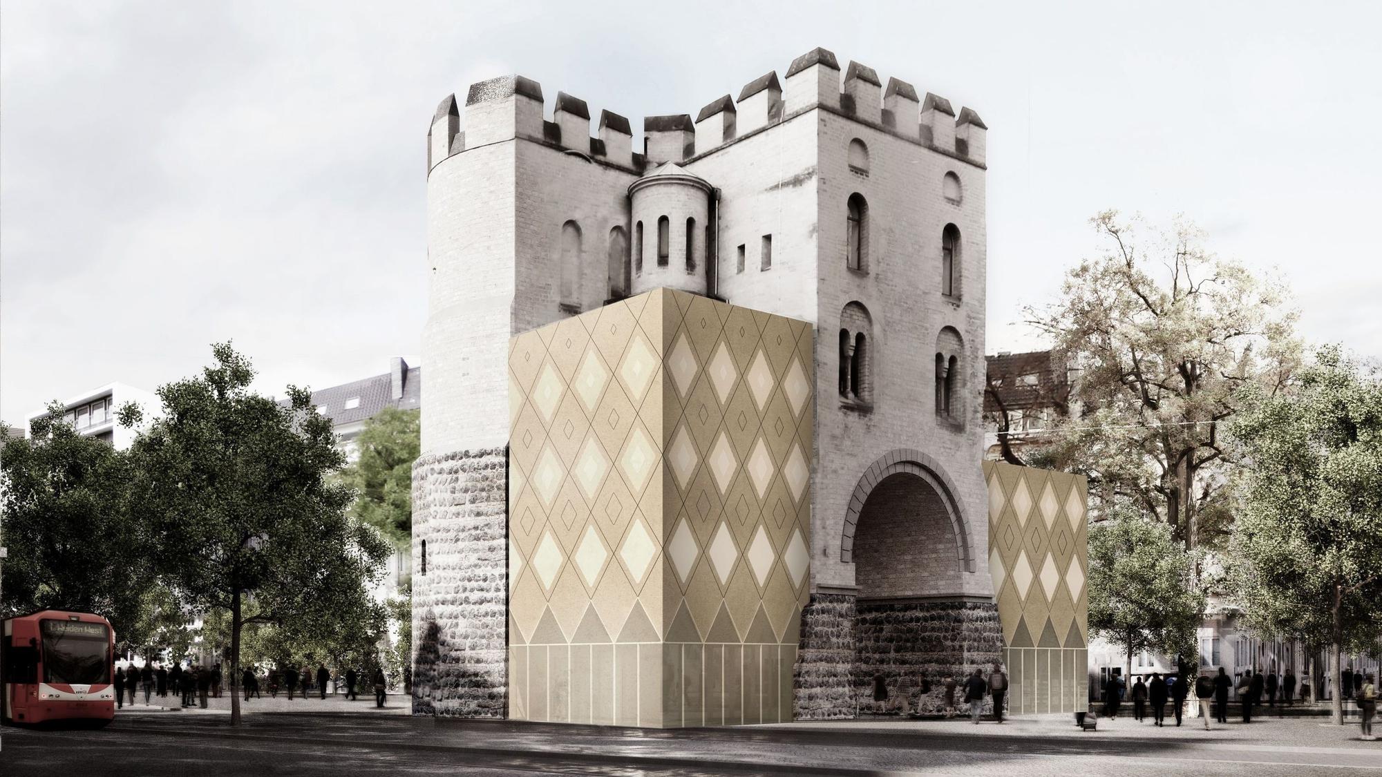 Die Visualisierung einer erweiterten Hahnentorburg am Kölner Rudolfplatz sieht zwei kastenförmige Anbauten unterschiedlicher Höhe vor, deren Äußeres durch geometrische Formen geprägt ist.