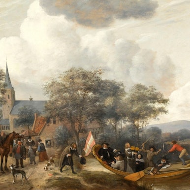 Eine feucht-fröhliche Kirmesfeier auf einem niederländischen Dorf artet ordentlich aus. Am rechten Bildrand sticht ein Narrenschiff in See.
