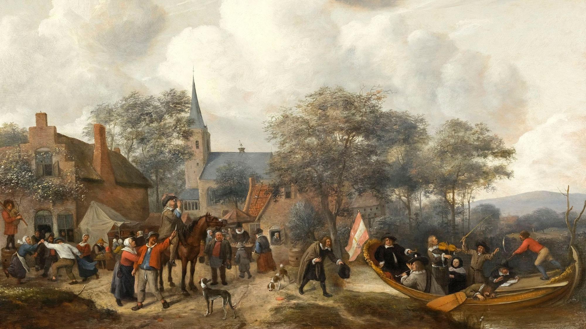 Eine feucht-fröhliche Kirmesfeier auf einem niederländischen Dorf artet ordentlich aus. Am rechten Bildrand sticht ein Narrenschiff in See.