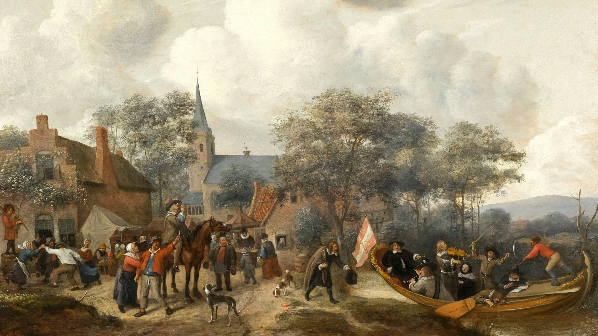 Eine feucht-fröhliche Kirmesfeier auf einem niederländischen Dorf artet ordentlich aus. Am rechten Bildrand sticht ein Narrenschiff in See.