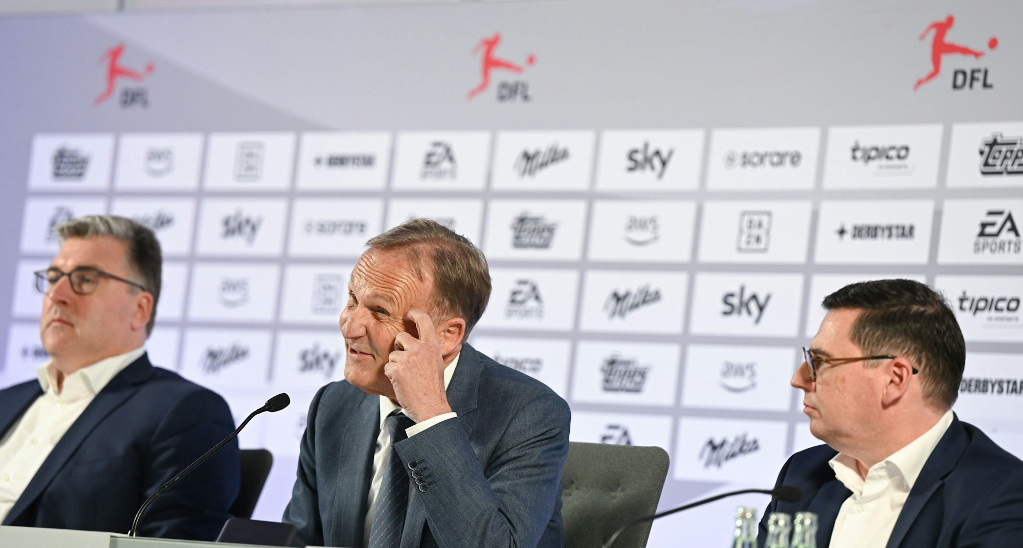 Die DFL-Führung Axel Hellmann (l-r), Hans-Joachim Watzke und Oliver Leki.