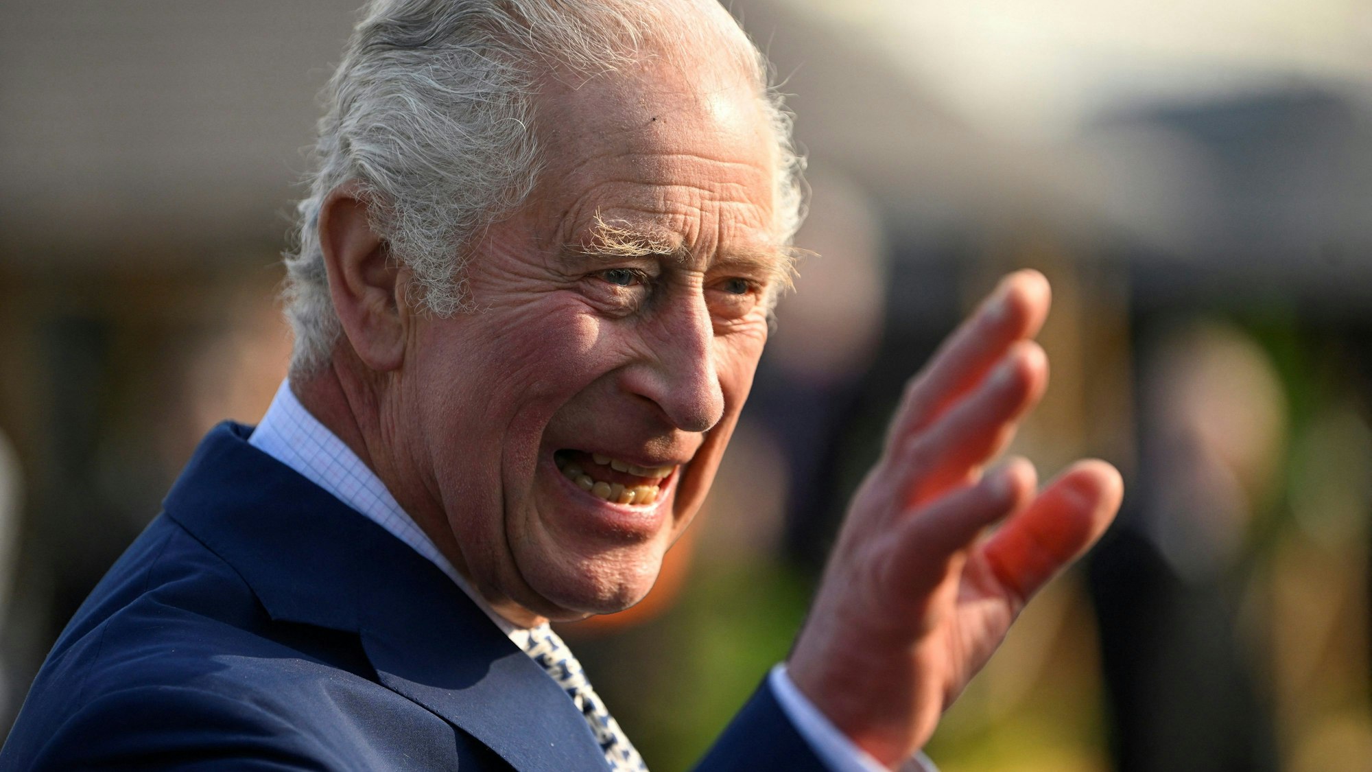 König Charles III. winkt bei seinem Besuch der Chelsea Flower Show im Royal Hospital Chelsea.