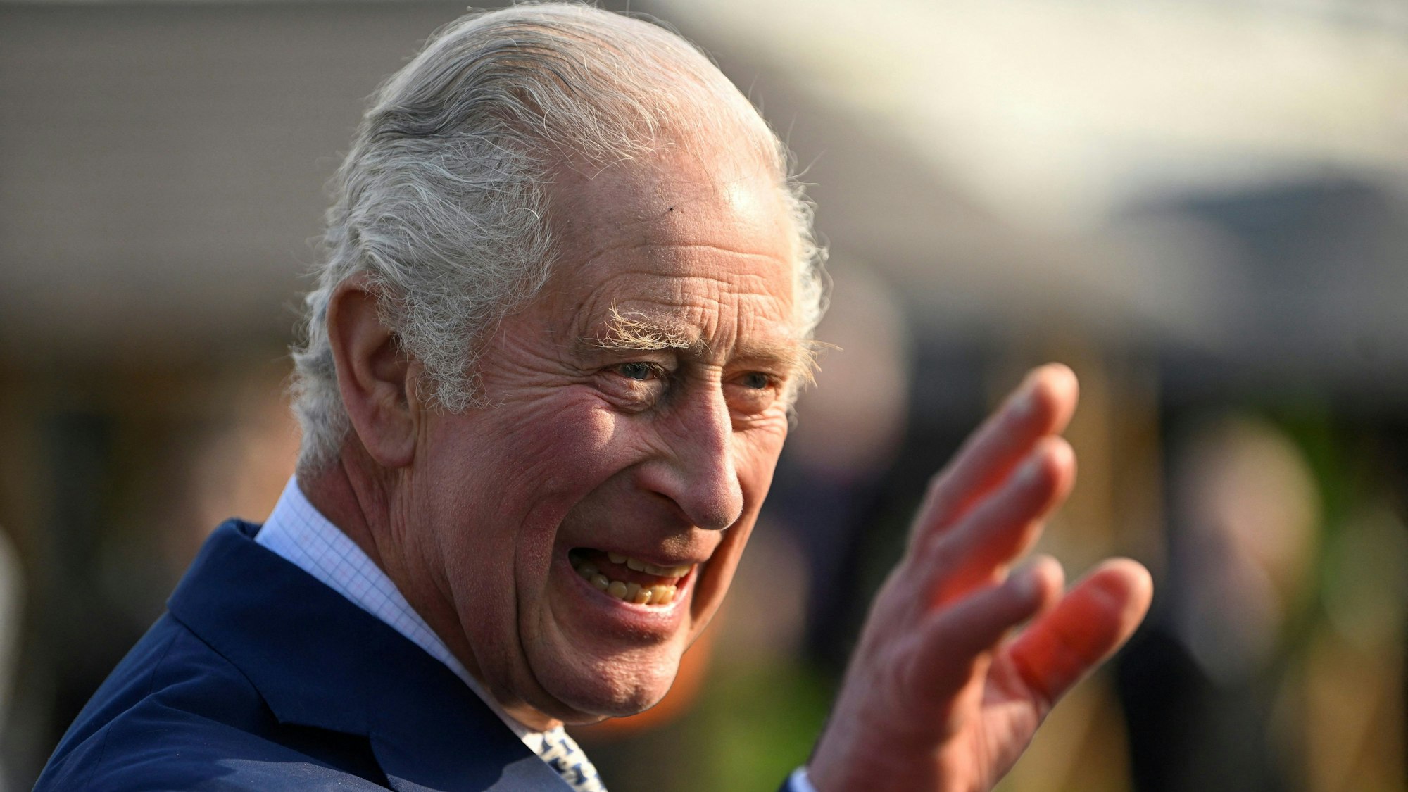 König Charles III. winkt seinen Anhängern zu.