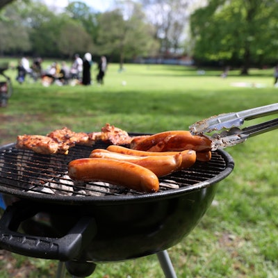 Würstchen liegen im Park auf einem Grill.