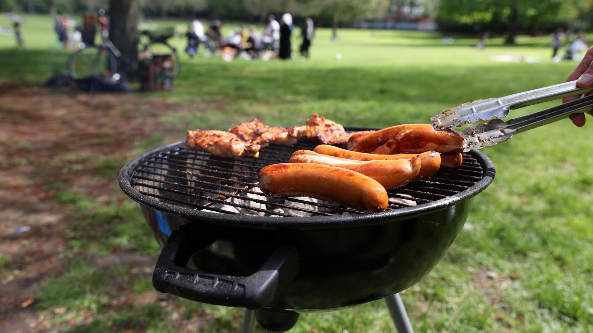 Würstchen liegen im Park auf einem Grill.