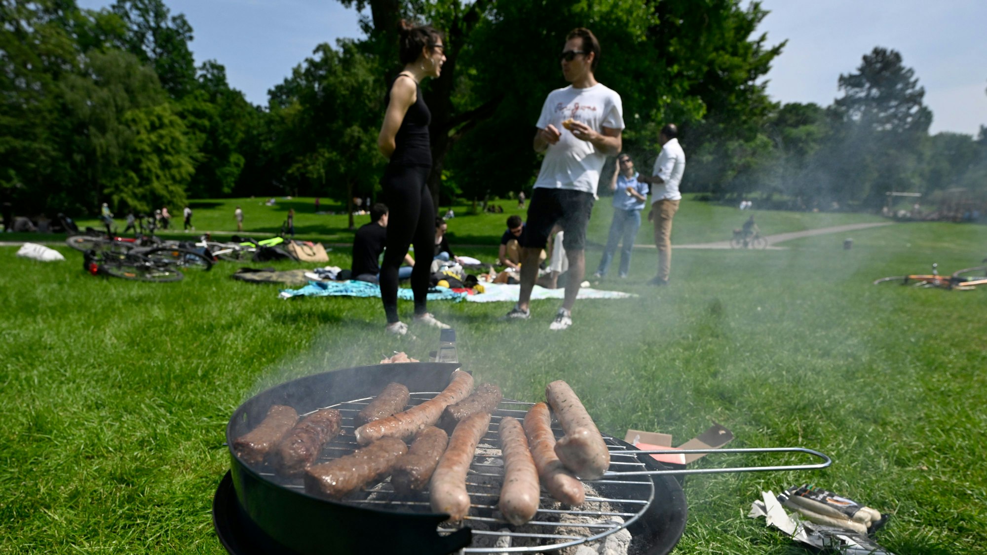 Parkbesucher haben zum Angrillen auf einer Wiese am Aachener Weiher eingefunden.