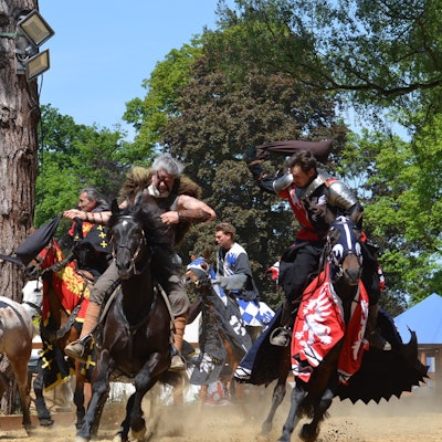 Das Bild zeigt als Ritter und Wikinger verkleidete Reiter, die sich einen Showkampf liefern.