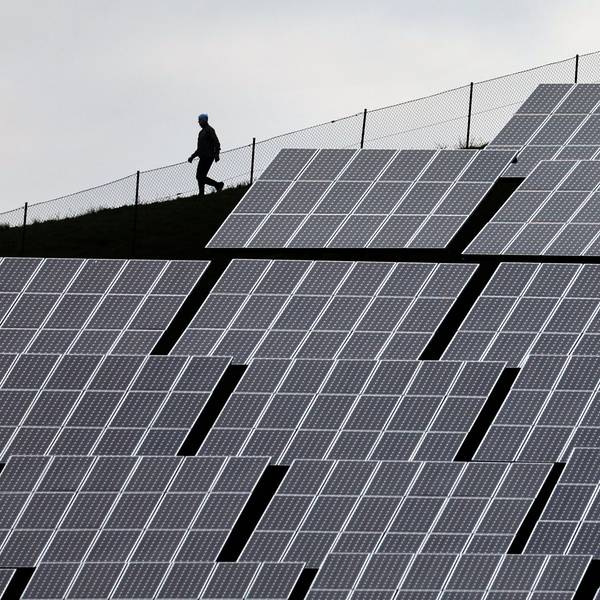 Ein Mensch läuft hinter Solaranlagen her.