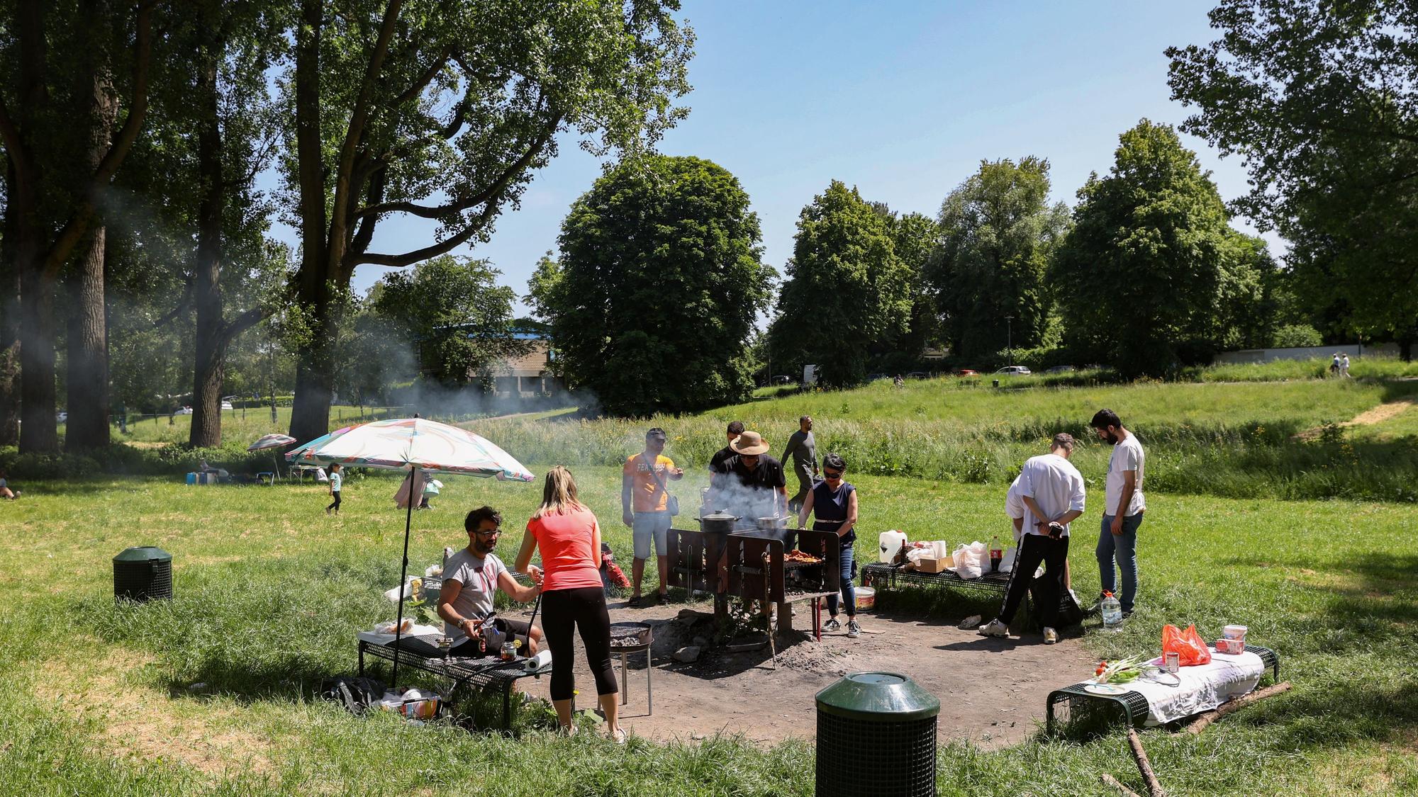 Eine Gruppe Menschen grillt auf einer Wiese.