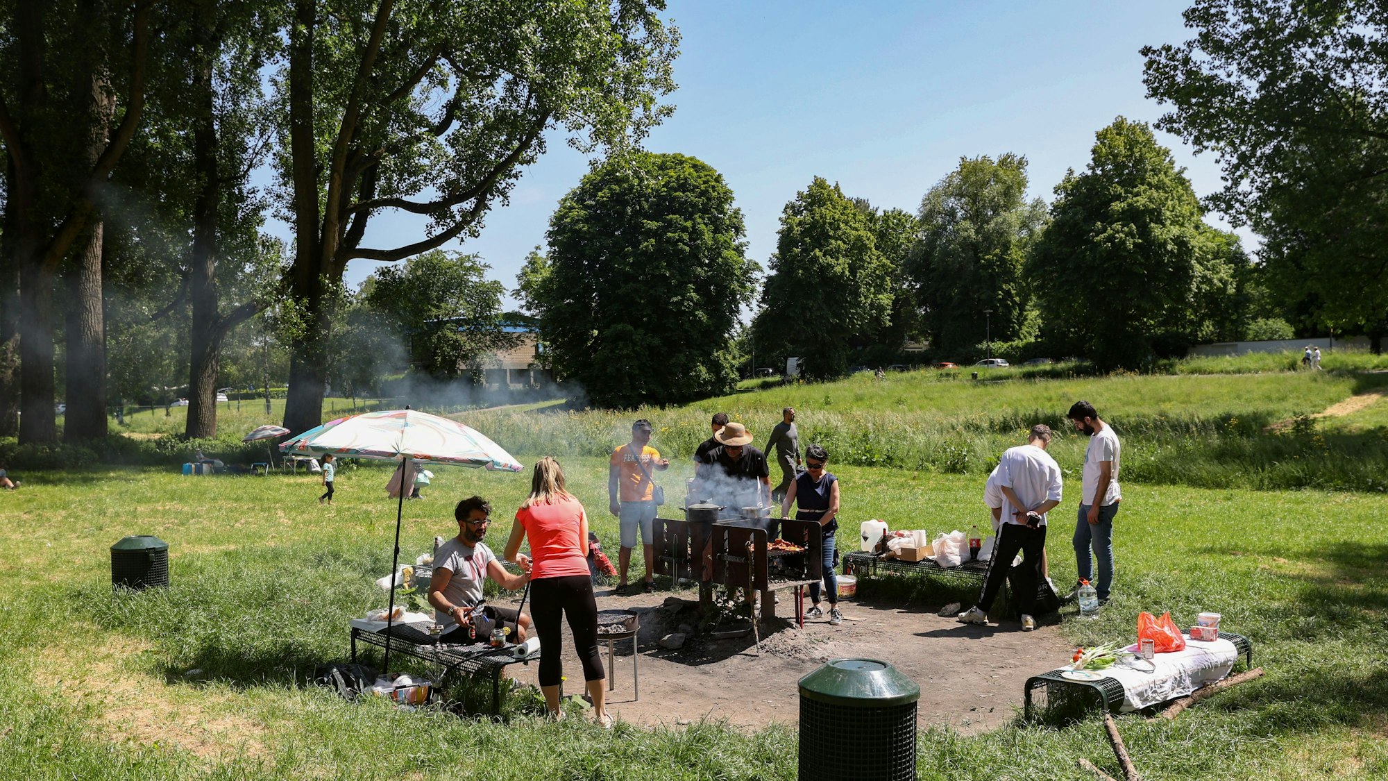 Eine Gruppe Menschen grillt auf einer Wiese.