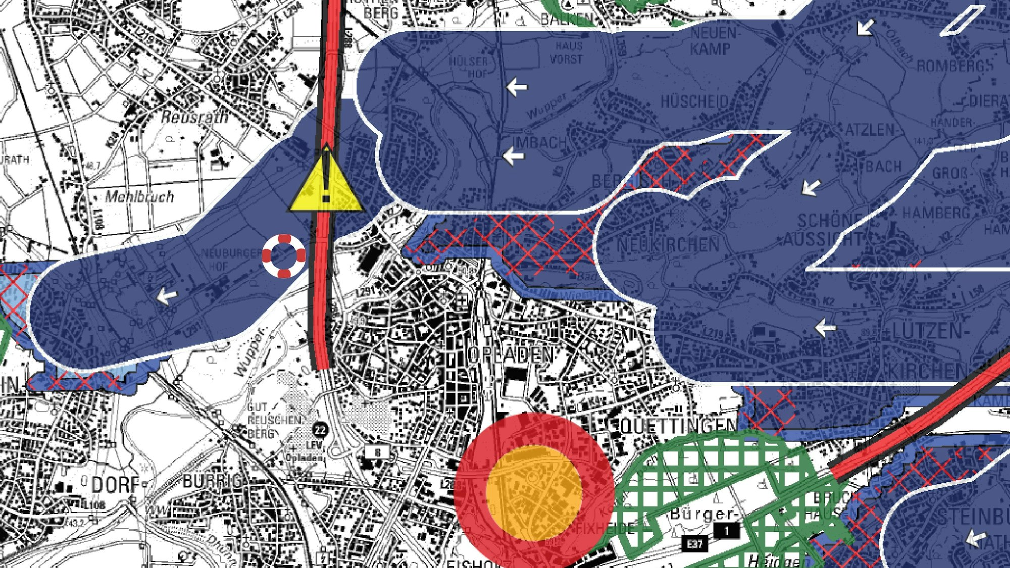 Kaltluftleitbahnen in Leverkusen, dunkelblau dargestellt denen das Lanuv eine Priorität „sehr hoch“ beimisst. Der geplante feuerwehr-Standort ist als rot-weißer Ring eingezeichnet. Die rote Linie daneben ist die Autobahn 3, die senkrecht zur Rheindorfer Leitbahn verläuft.