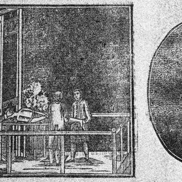 Die Holzschnitte zeigen die Enthauptung von Mathias Weber und ein Porträt des Räuberhauptmanns. Sie befinden sich auf einem Druck zum Termin der Hinrichtung.
