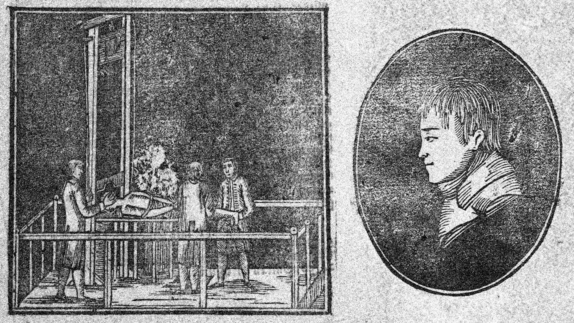 Die Holzschnitte zeigen die Enthauptung von Mathias Weber und ein Porträt des Räuberhauptmanns. Sie befinden sich auf einem Druck zum Termin der Hinrichtung.