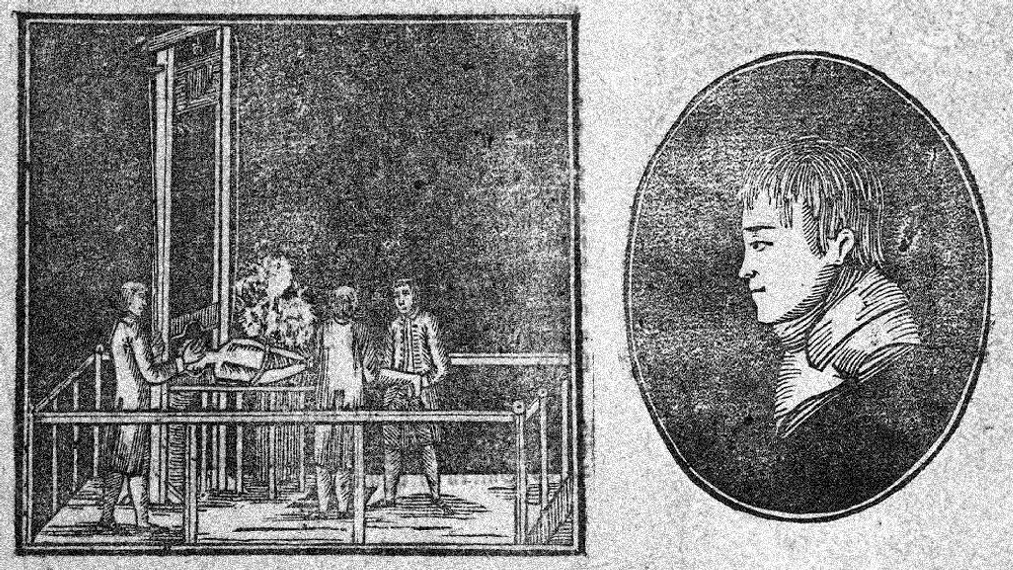 Die Holzschnitte zeigen die Enthauptung von Mathias Weber und ein Porträt des Räuberhauptmanns. Sie befinden sich auf einem Druck zum Termin der Hinrichtung.
