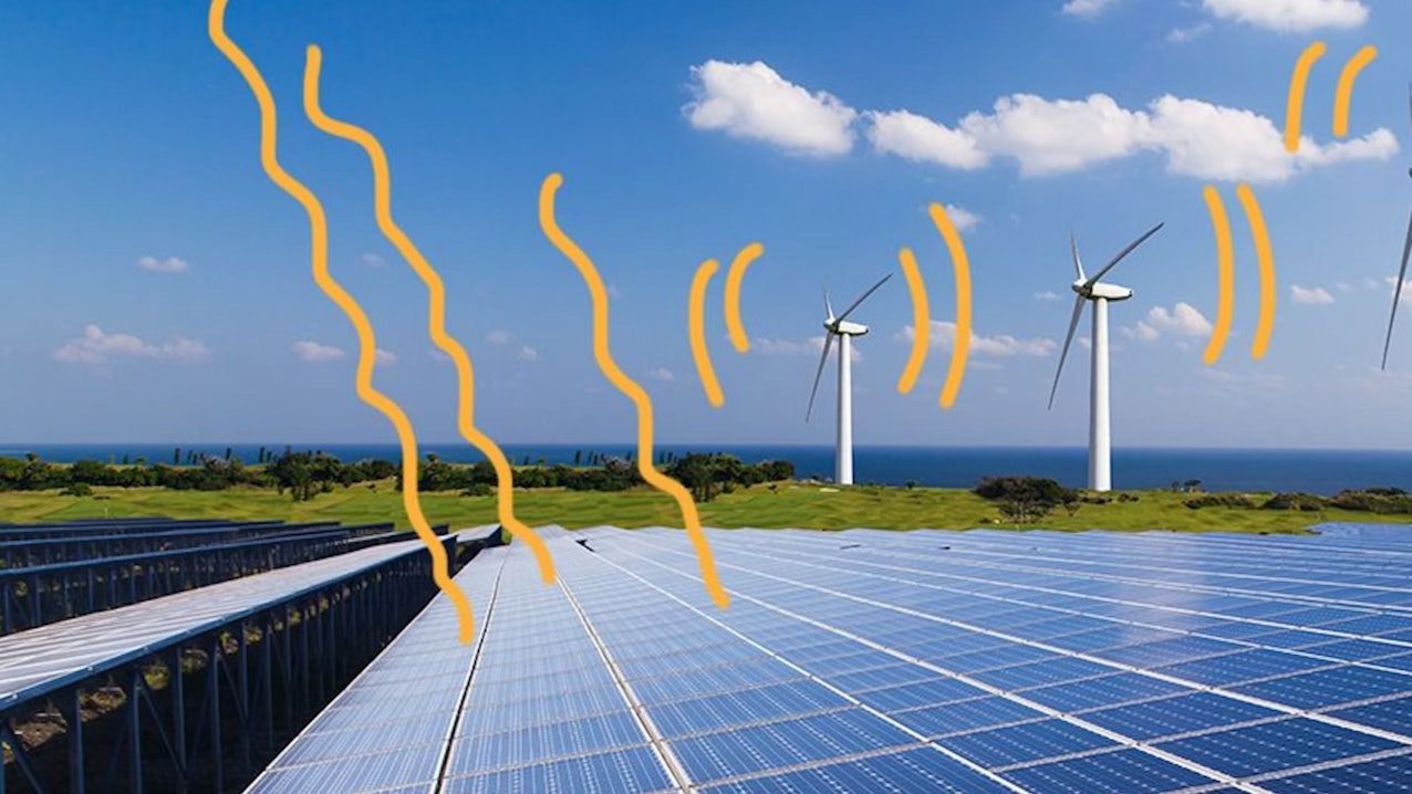 Windräder, die auf einer schönen Landschaft stehen.
Zudem sind Solarplatten zu sehen. Beides wird mit gelben Linien als Impuls für den Energiegewinn gekennzeichnet.