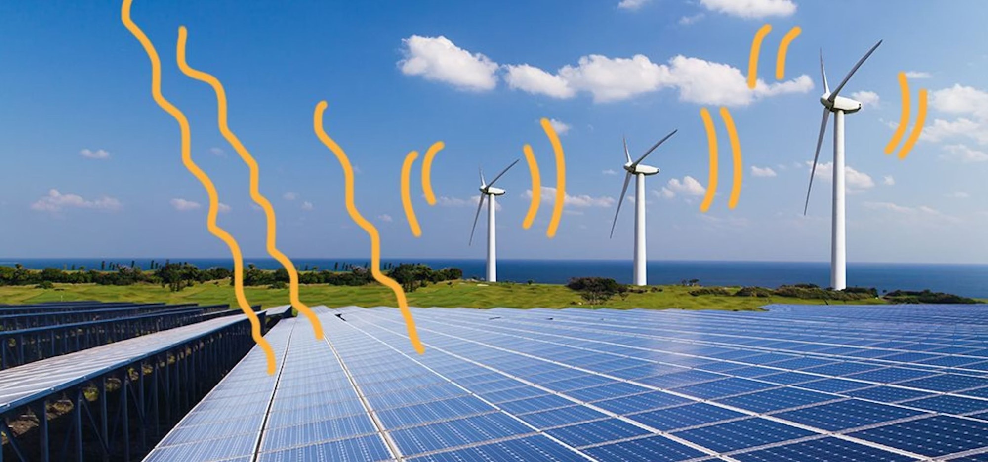 Windräder, die auf einer schönen Landschaft stehen.
Zudem sind Solarplatten zu sehen. Beides wird mit gelben Linien als Impuls für den Energiegewinn gekennzeichnet.