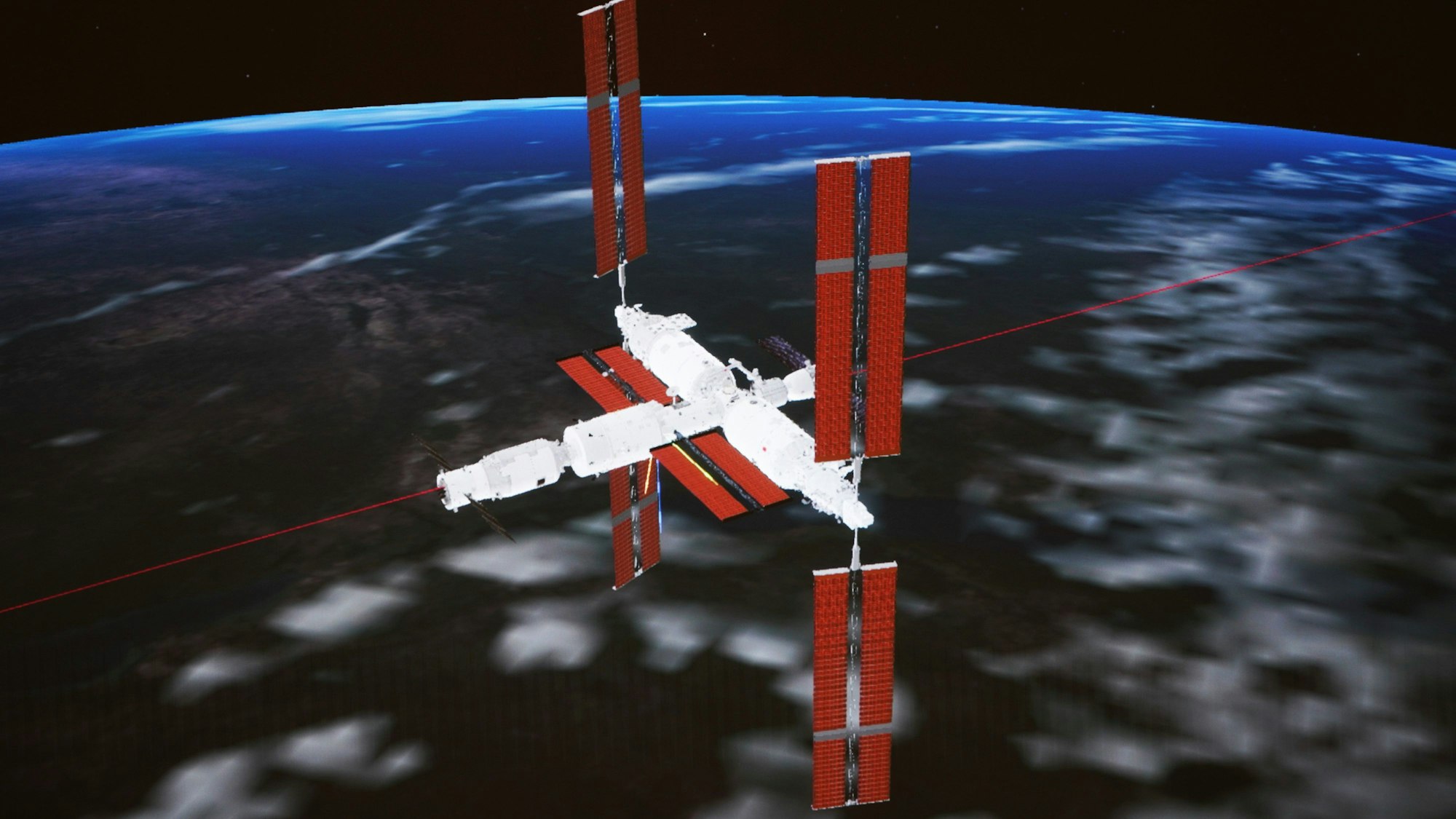 Dieses simulierte Bild, das am 11. Mai 2023 im Pekinger Raumfahrtkontrollzentrum aufgenommen wurde, zeigt das Andocken des chinesischen Frachtraumschiffs Tianzhou-6 an die Kombination der Raumstation Tiangong.