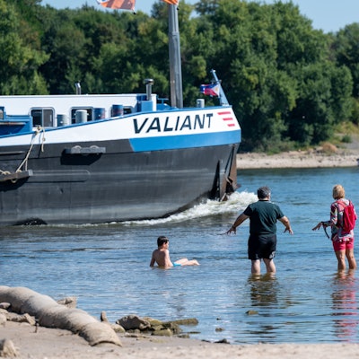 Am Rodenkirchener Strand baden vier Menschen im Rhein. Im Hintergrund fährt ein Schiff durch den Fluss.