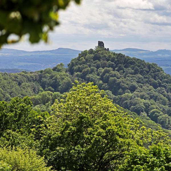 Schloss Drachenburg (r) und Burg Drachenfels sind oberhalb des Rheintals bei Königswinter vom Petersberg aus zu sehen.