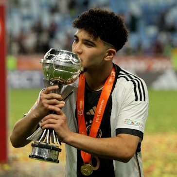 02.06.2023 BudapestHungary Germany-France U-17/ Under-17 European men s football championship final Fayssal Harchaoui Germany with European U17, U 17 champion trophy :