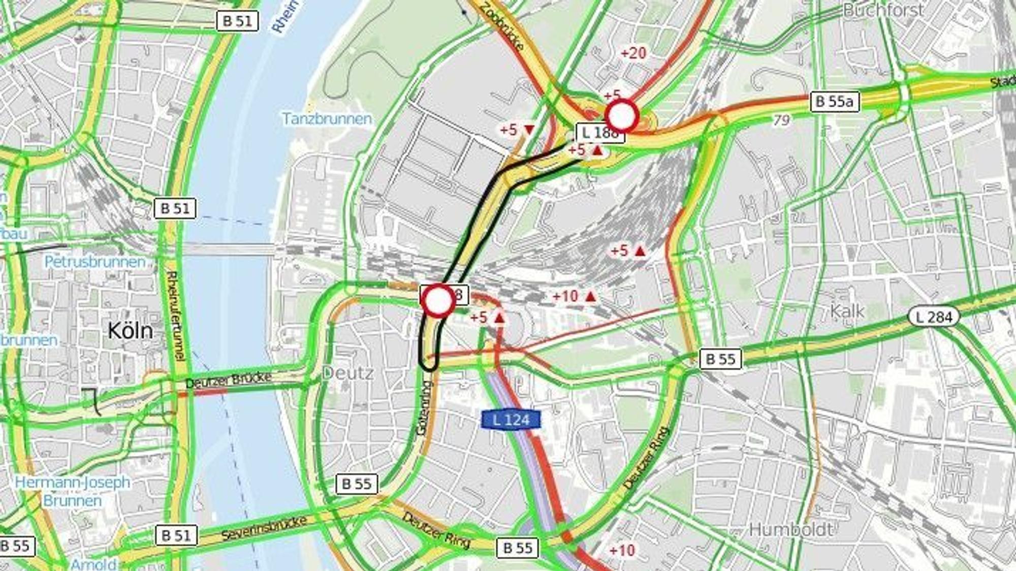 Ein Screenshot zeigt Verkehrssituation in Köln-Deutz am 5. Juni 2023 um 9.15 Uhr.