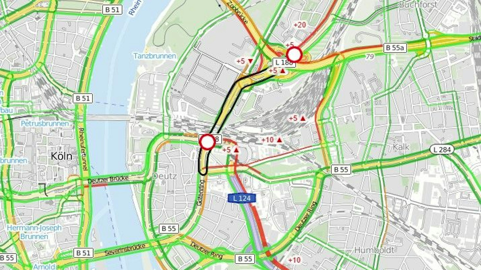 Ein Screenshot zeigt Verkehrssituation in Köln-Deutz am 5. Juni 2023 um 9.15 Uhr.