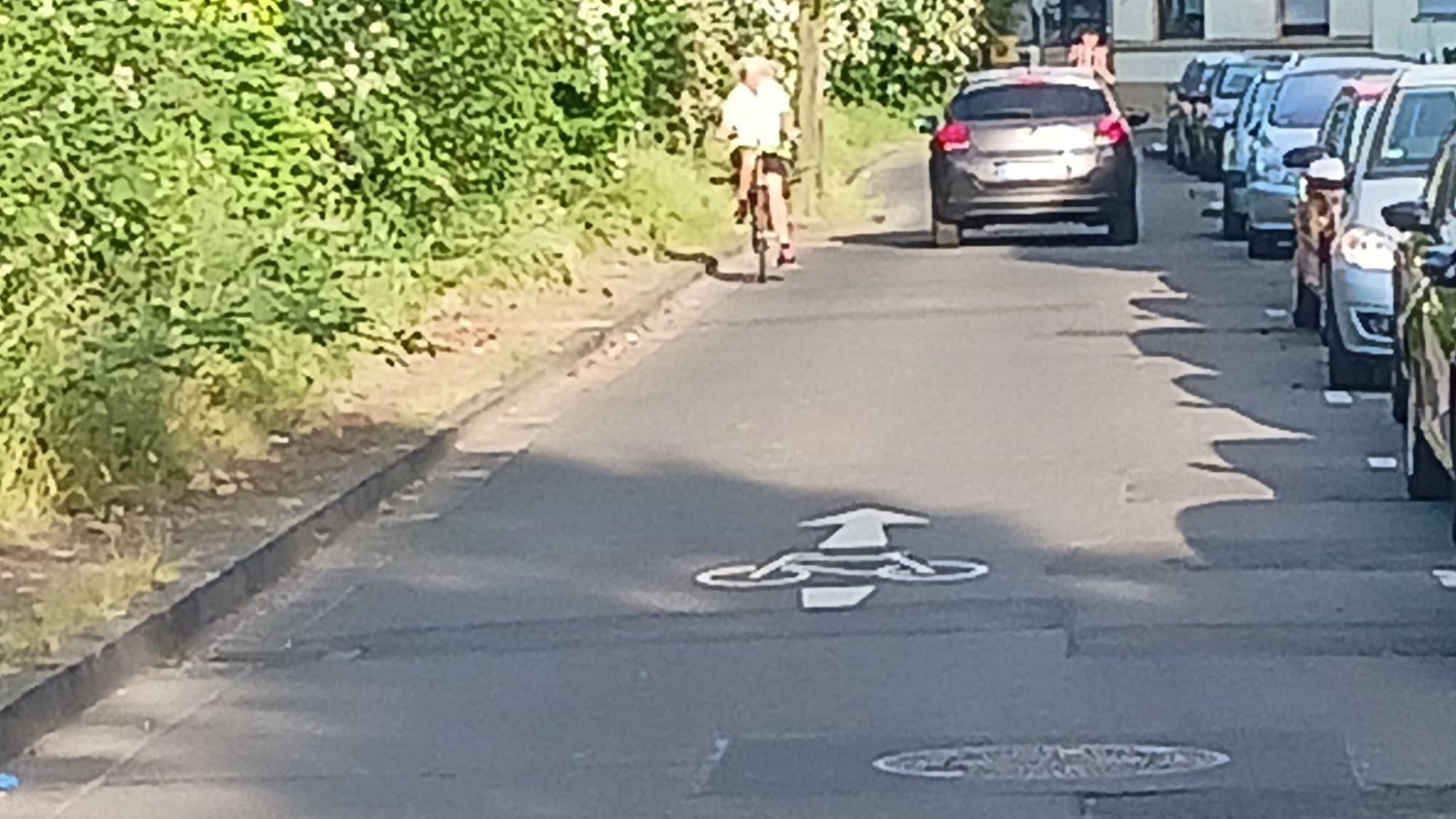 Auf einer Fahrradstraße Talweg in Troisdorf Oberla finden sich schadhafte Markierungen.