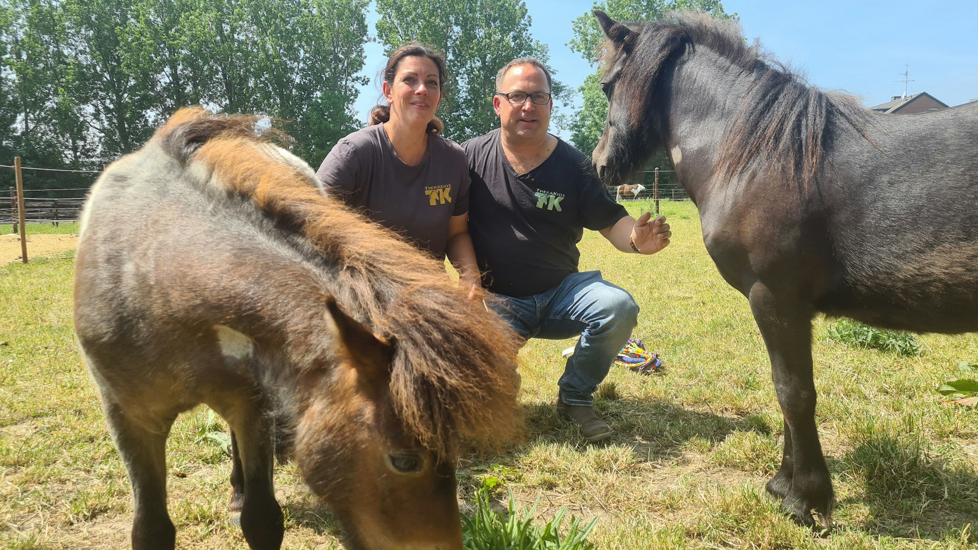Ein Mann und eine Frau sitzen auf einer Weide in der Hocke mit zwei Ponys neben ihnen.