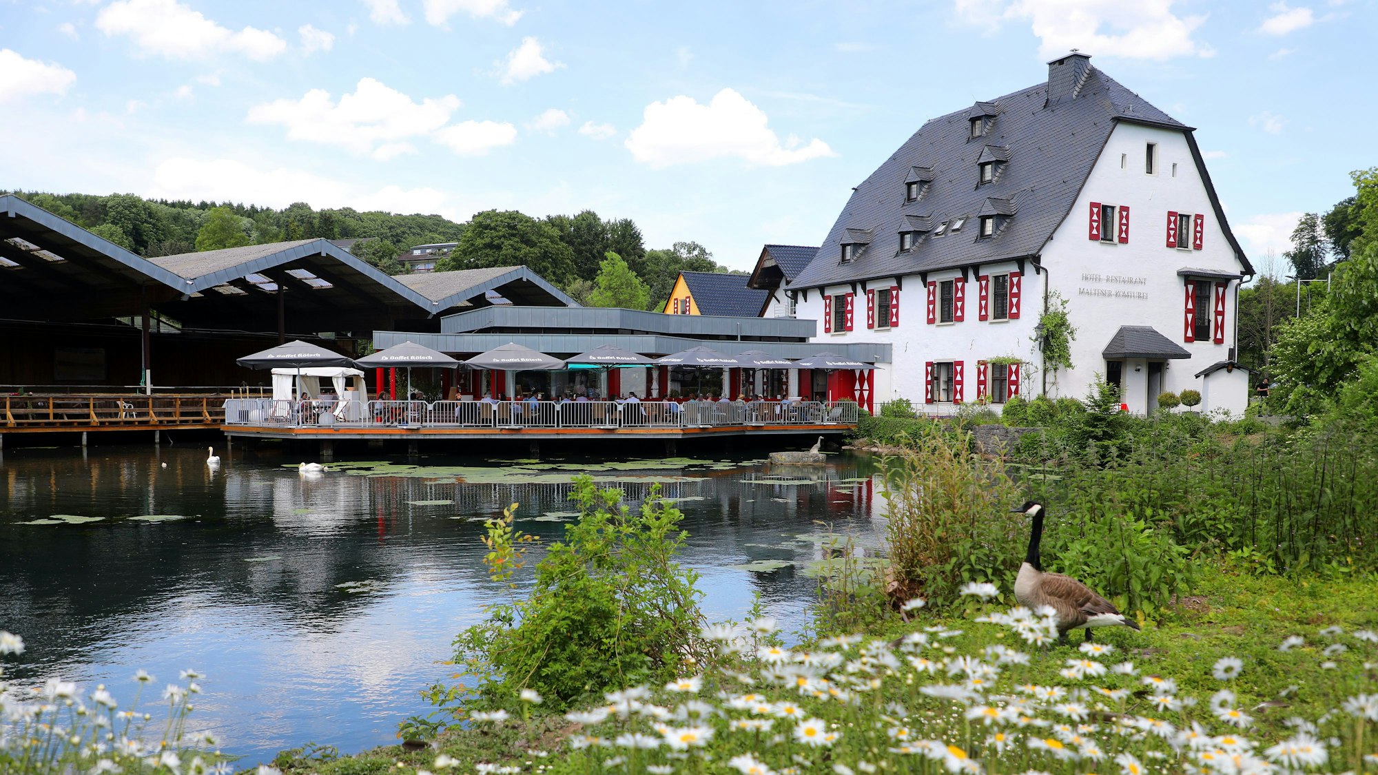 Hinter einem kleinen See liegt ein weißes Haus mit einer großen Terrasse.