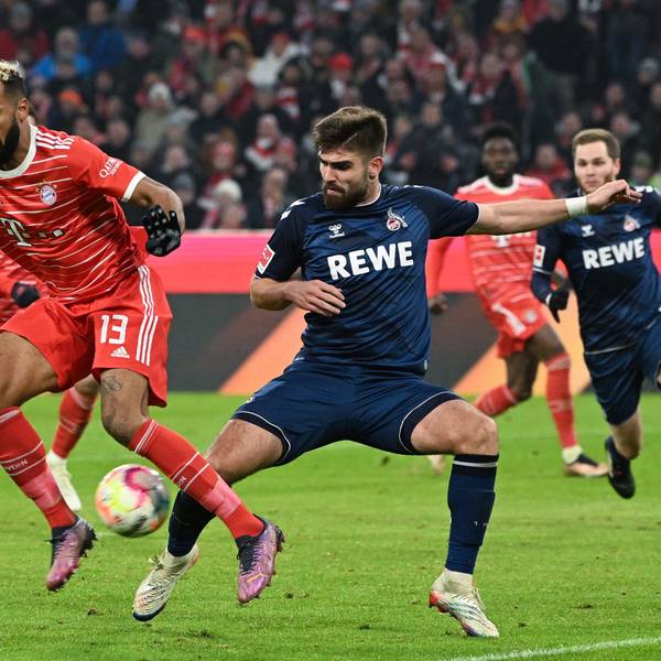 Nikola Soldo im Duell mit Münchens Eric Maxim Choupo-Moting beim Kölner 1:1 im Januar in der Allianz-Arena gegen den FC Bayern München.