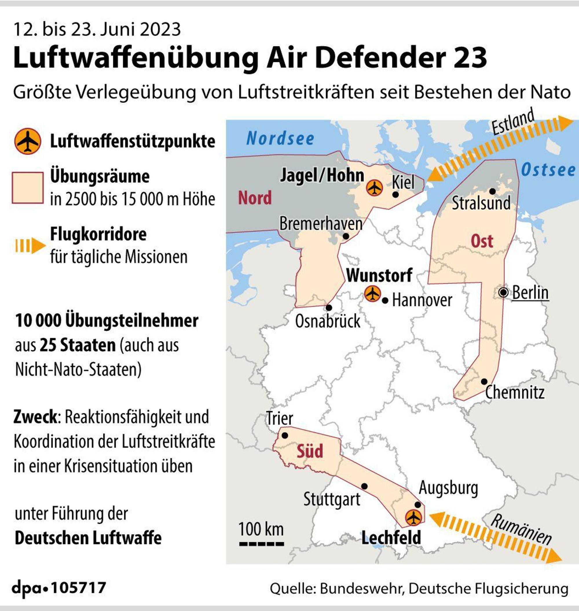 Karte, die anzeigt, wo der deutsche Luftraum gesperrt wird