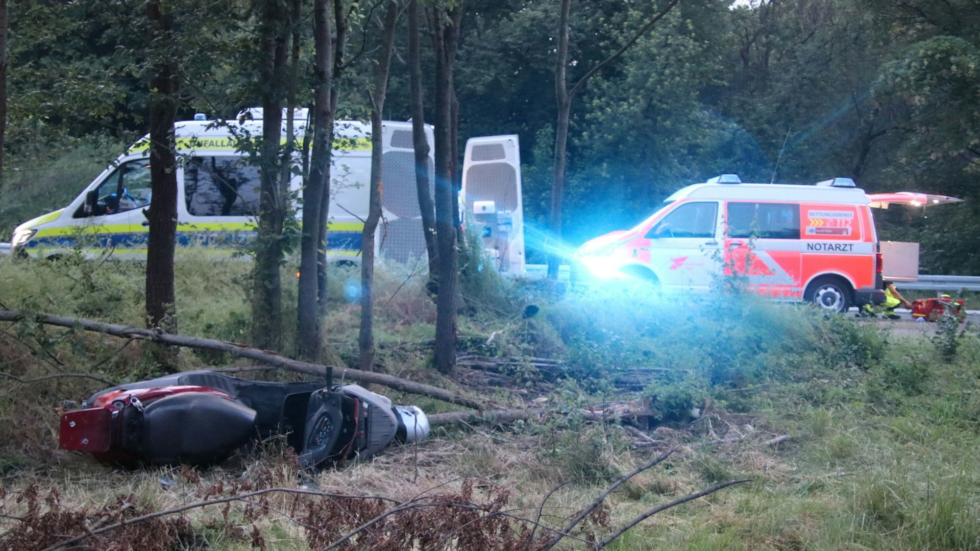 Es sind zwei Einsatzfahrzeuge zu sehen. Es liegt das Motorrad auf der Wiese.