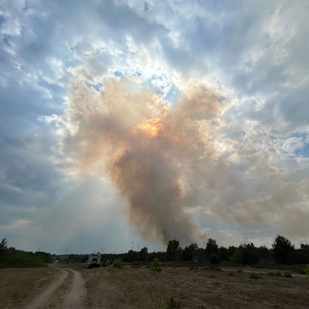 Rauch steigt aus einem Waldstück nahe Jüterbog in die Höhe und verdeckt die Sonne.