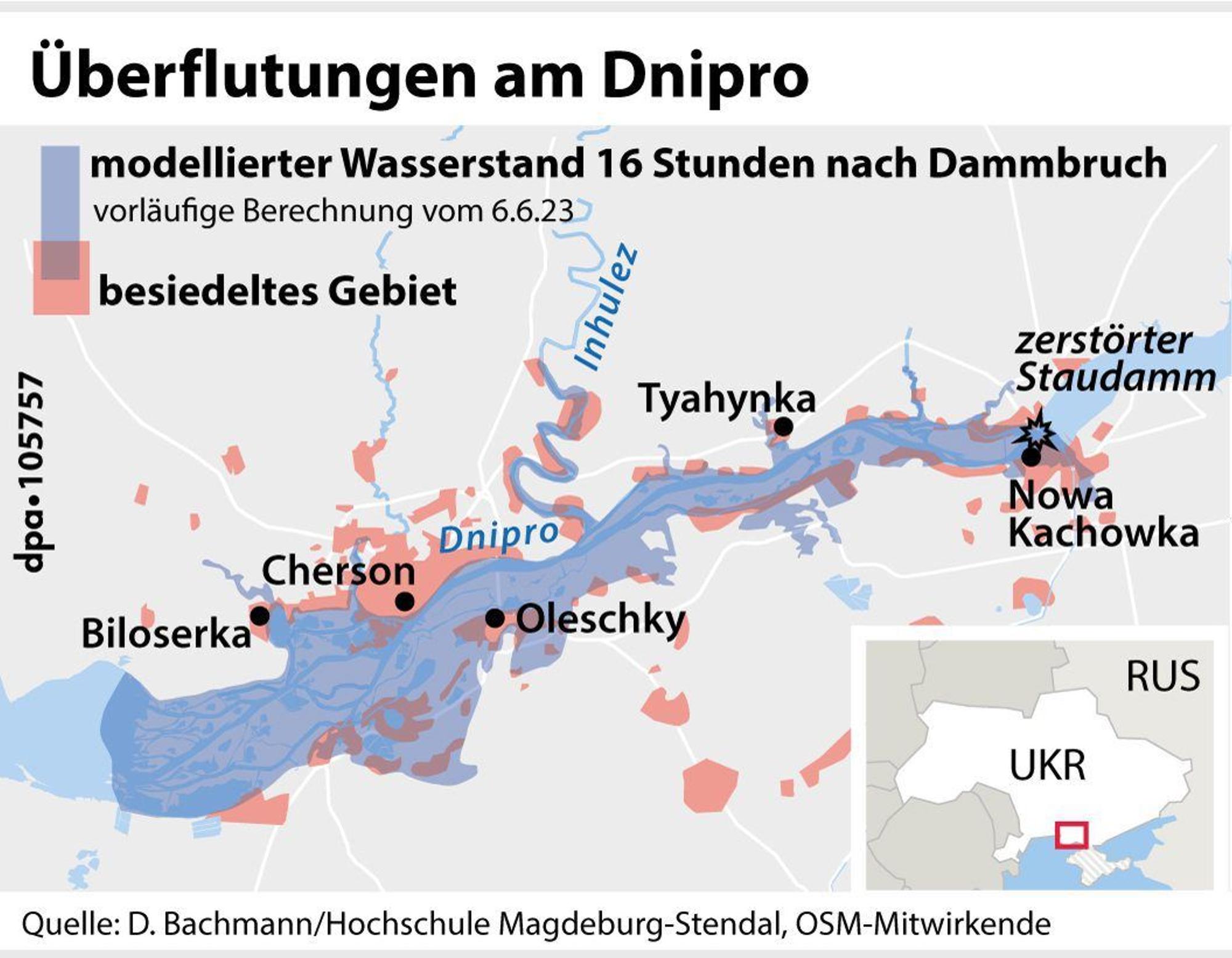 Die Überflutungen am Tag nach dem Bruch des Kachowka-Staudamms in der ukrainischen Region Cherson am Fluss Dnipro.
