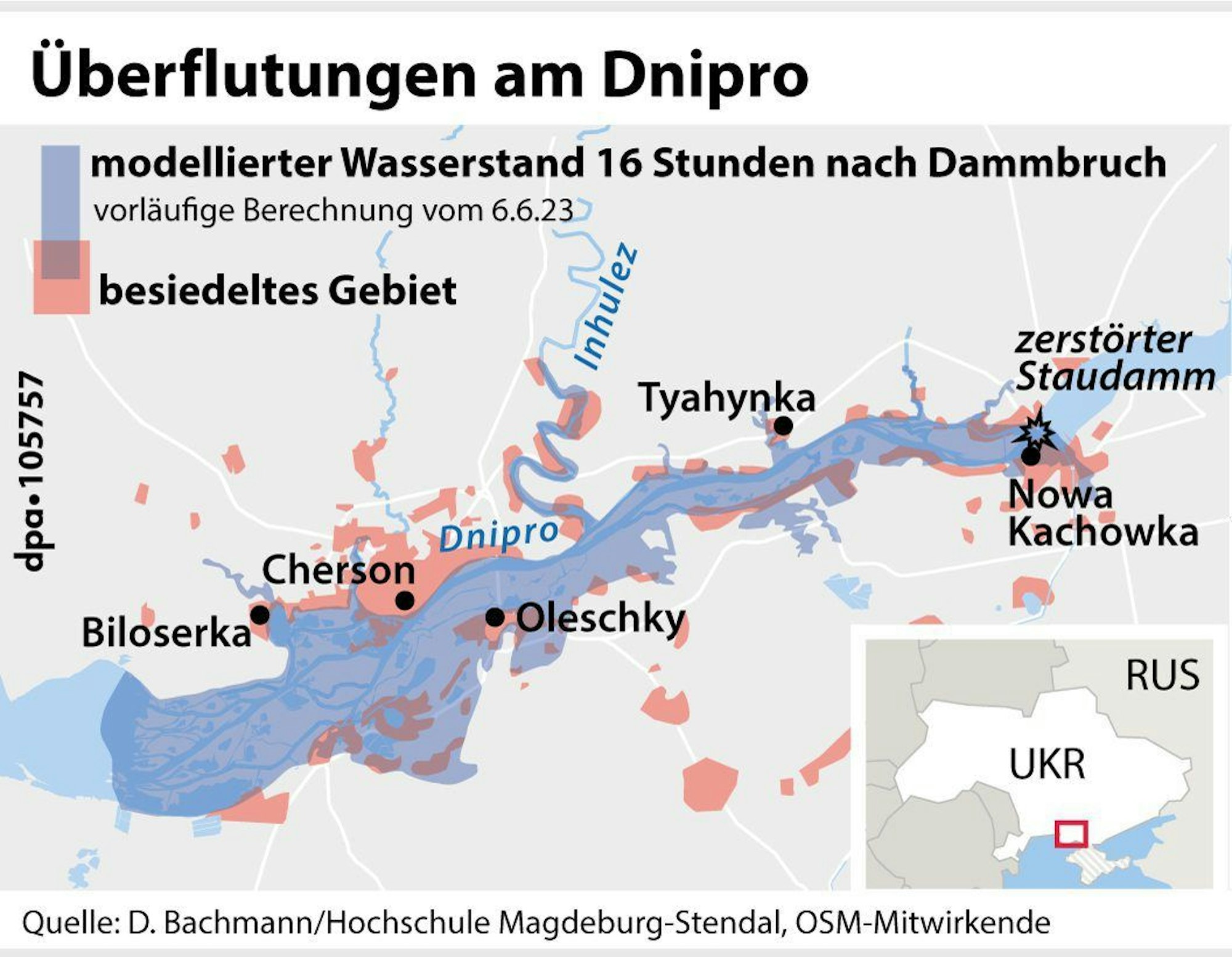Die Überflutungen am Tag nach dem Bruch des Kachowka-Staudamms in der ukrainischen Region Cherson am Fluss Dnipro.