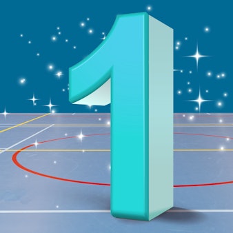 Illustration einer 1, die in einer Turnhalle steht.