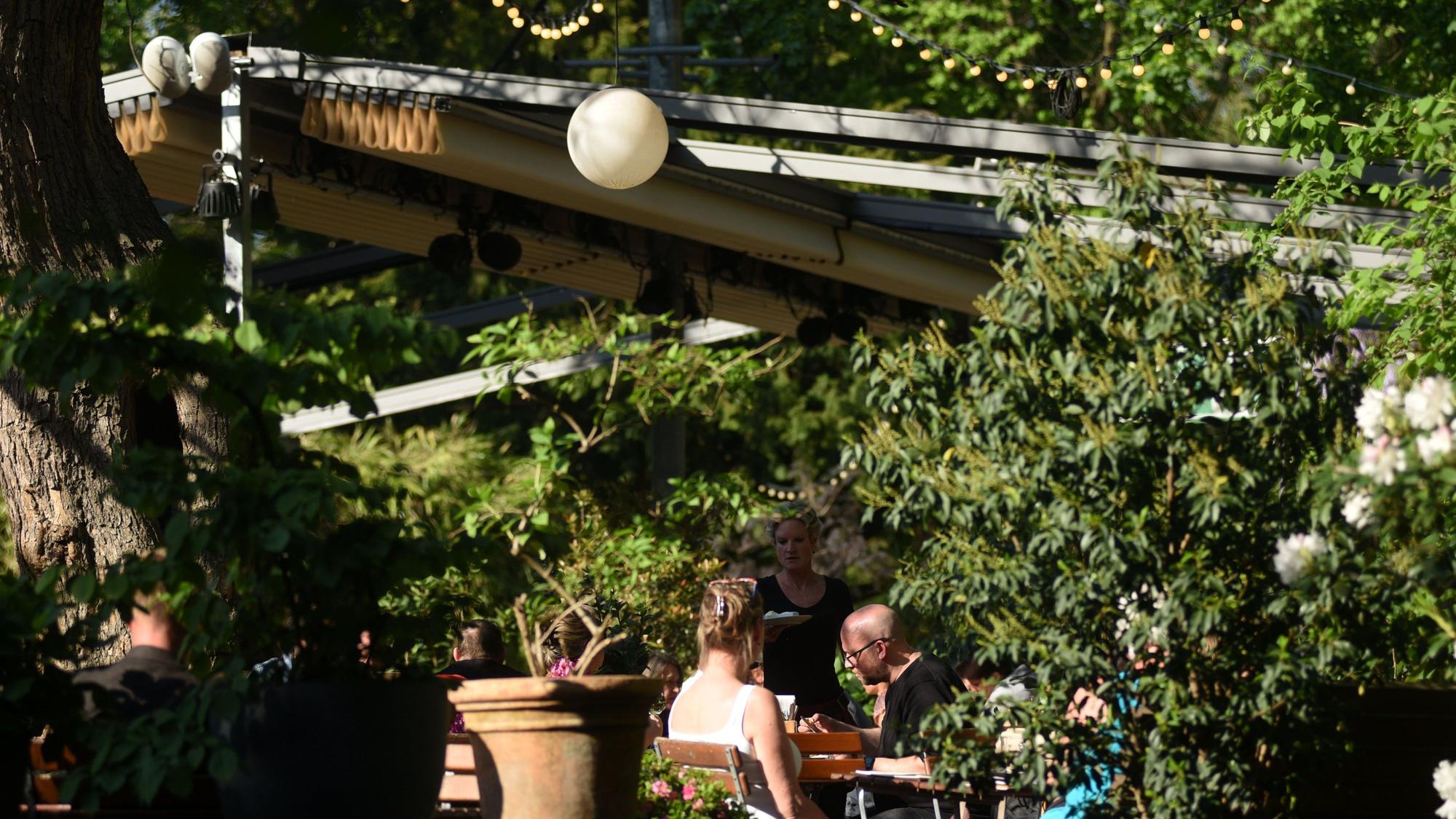 Gäste sitzen im Biergarten im Stadtgarten.