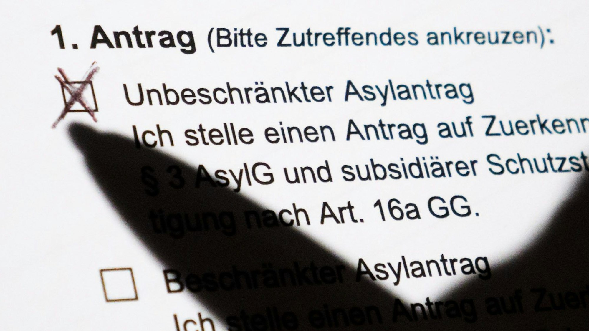 Der Schatten eines Kugelschreibers zeichnet sich auf einem schriftlichen Asylerstantrag des Bundesamt für Migration und Flüchtlinge (BAMF) ab (gestellte Szene).