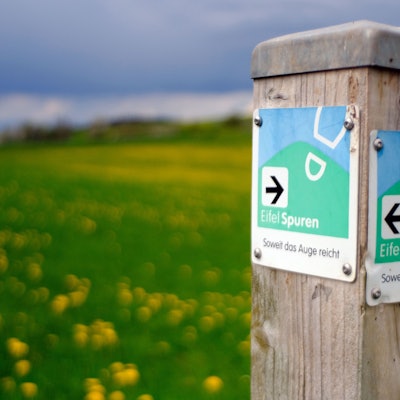 Ein Wegweiser der Eifelspur „Soweit das Auge reicht“ bei Mechernich-Lorbach. Im Hintergrund sind eine Wiese mit gelbem Löwenzahn und ein Windrad zu erahnen.