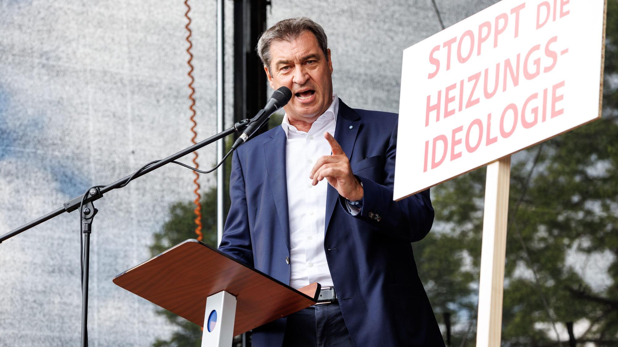 Bayerns Ministerpräsident Markus Söder (CSU) am Wochenende auf einer Kundgebung in Erding. Am 8. Oktober wird dort der nächste Landtag gewählt.