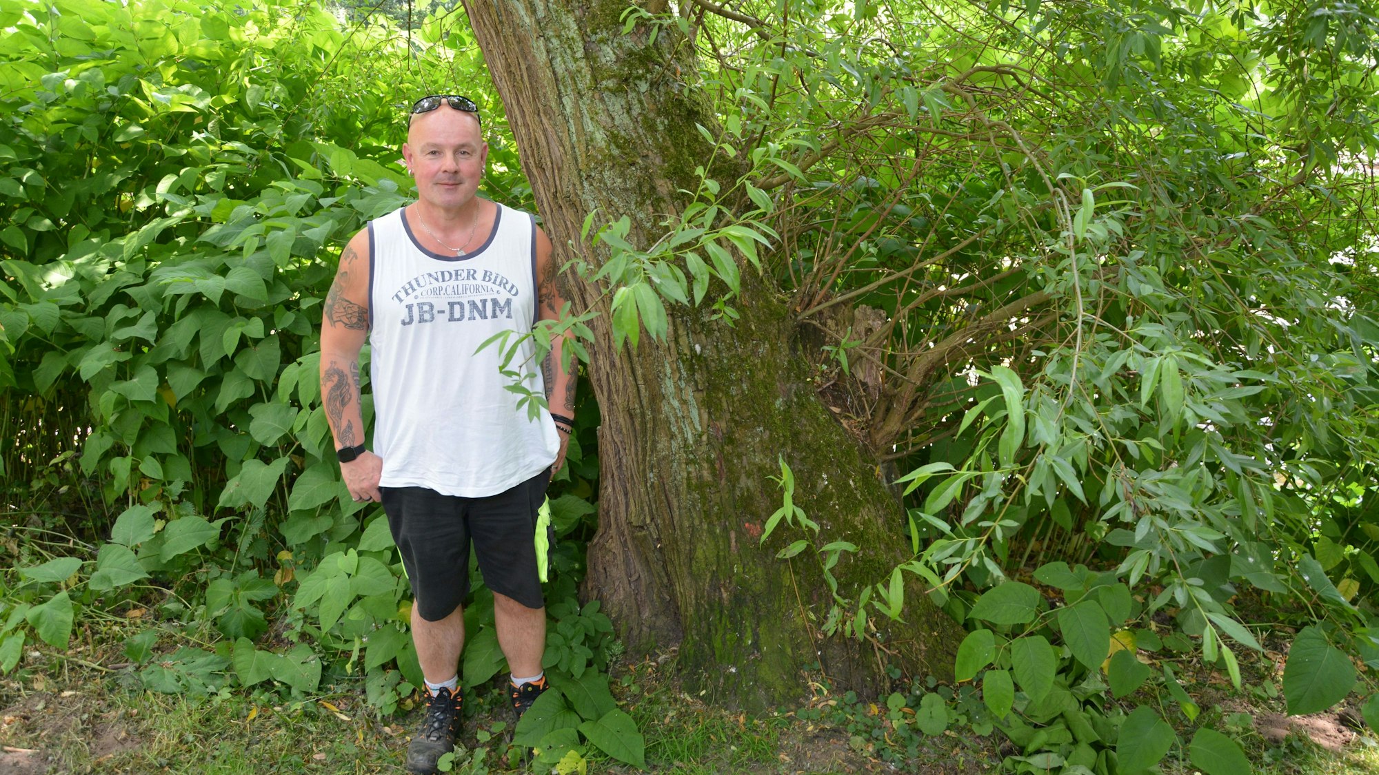 Baumkontrolleur Oliver Heidelberg steht an einem Baum.