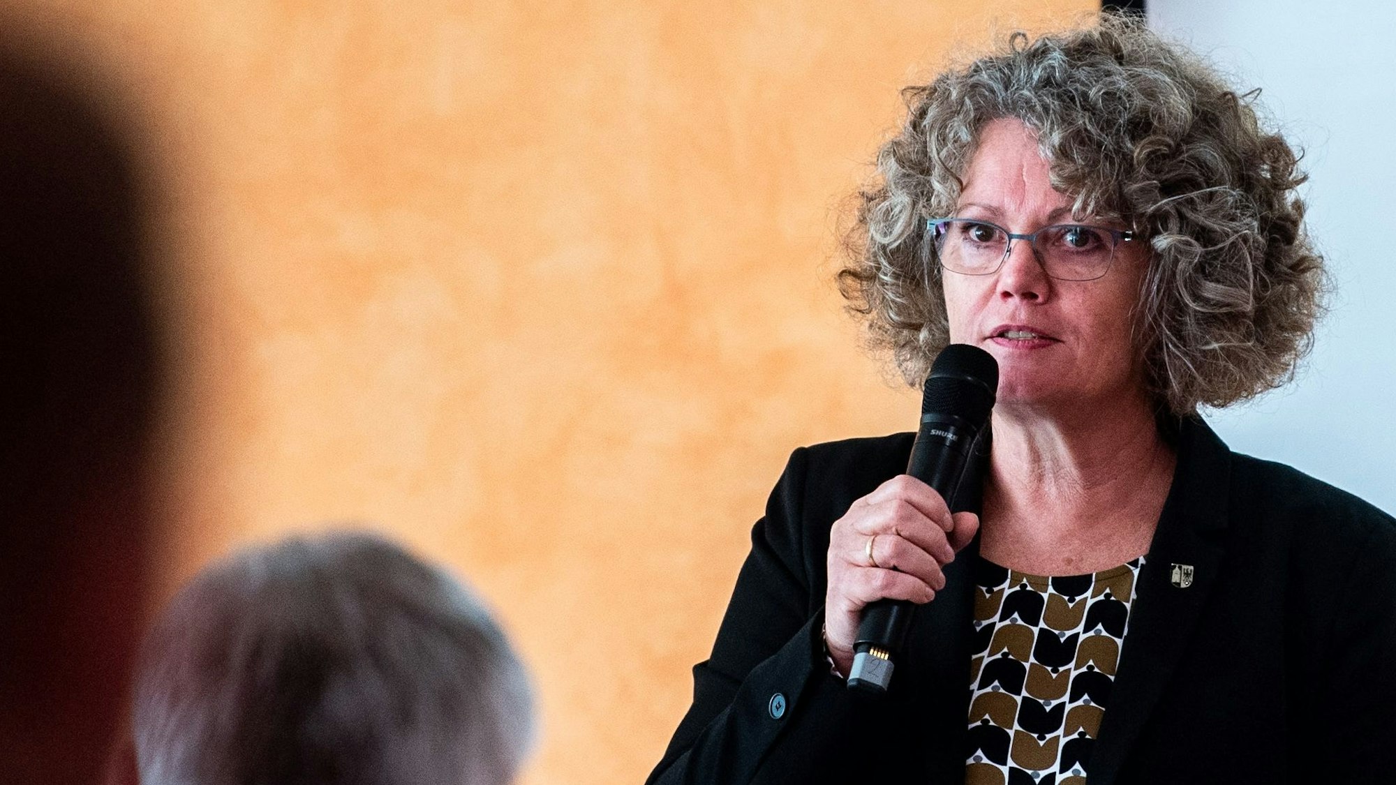 Das Bild zeigt die Weilerswister Bürgermeisterin Anne Horst mit einem Mikrofon in der Hand.