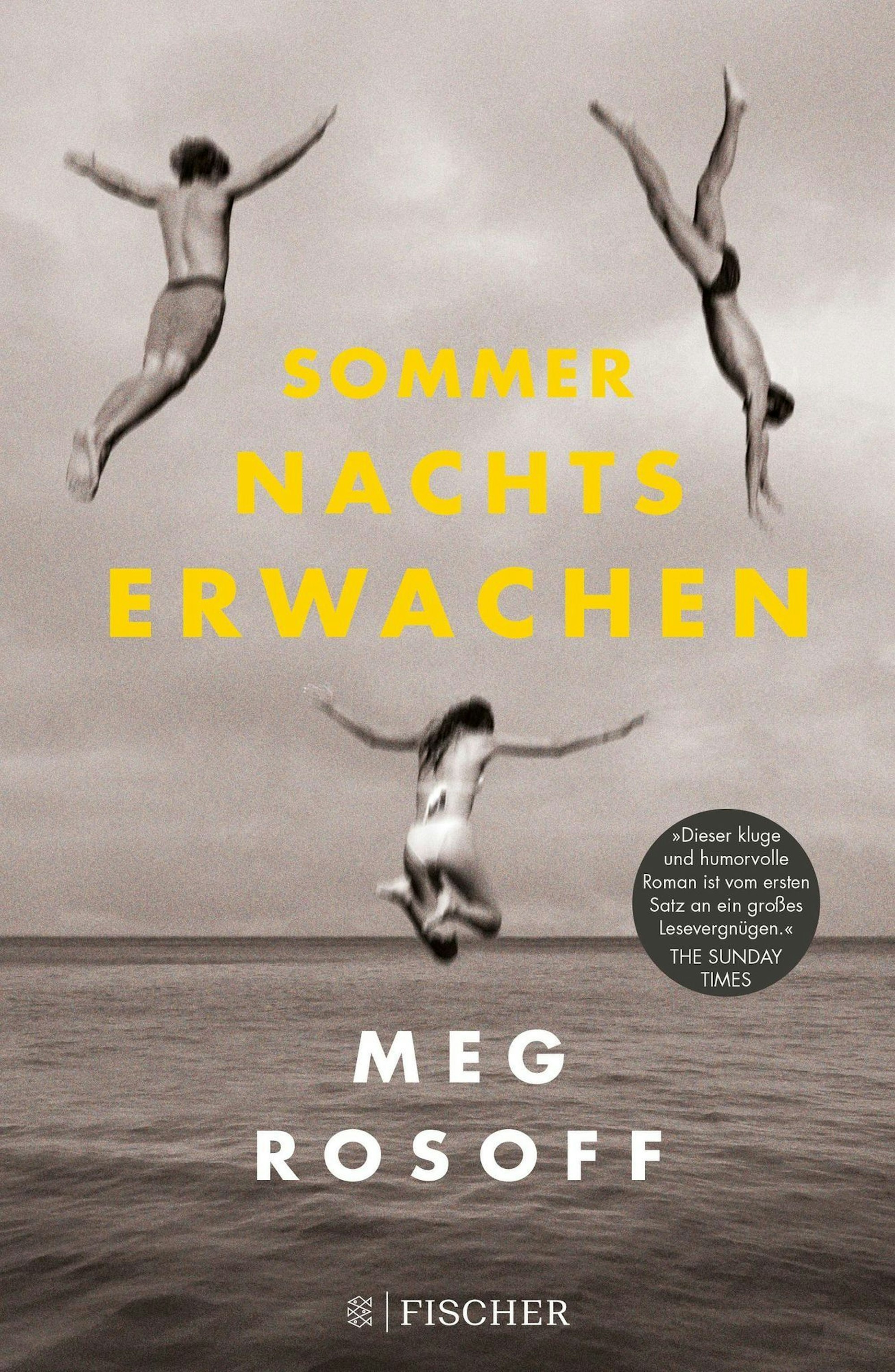 Das Buchcover zeigt verschiedene Menschen, die in Badesachen ins Meer springen. Es ist schwarz-weiß.