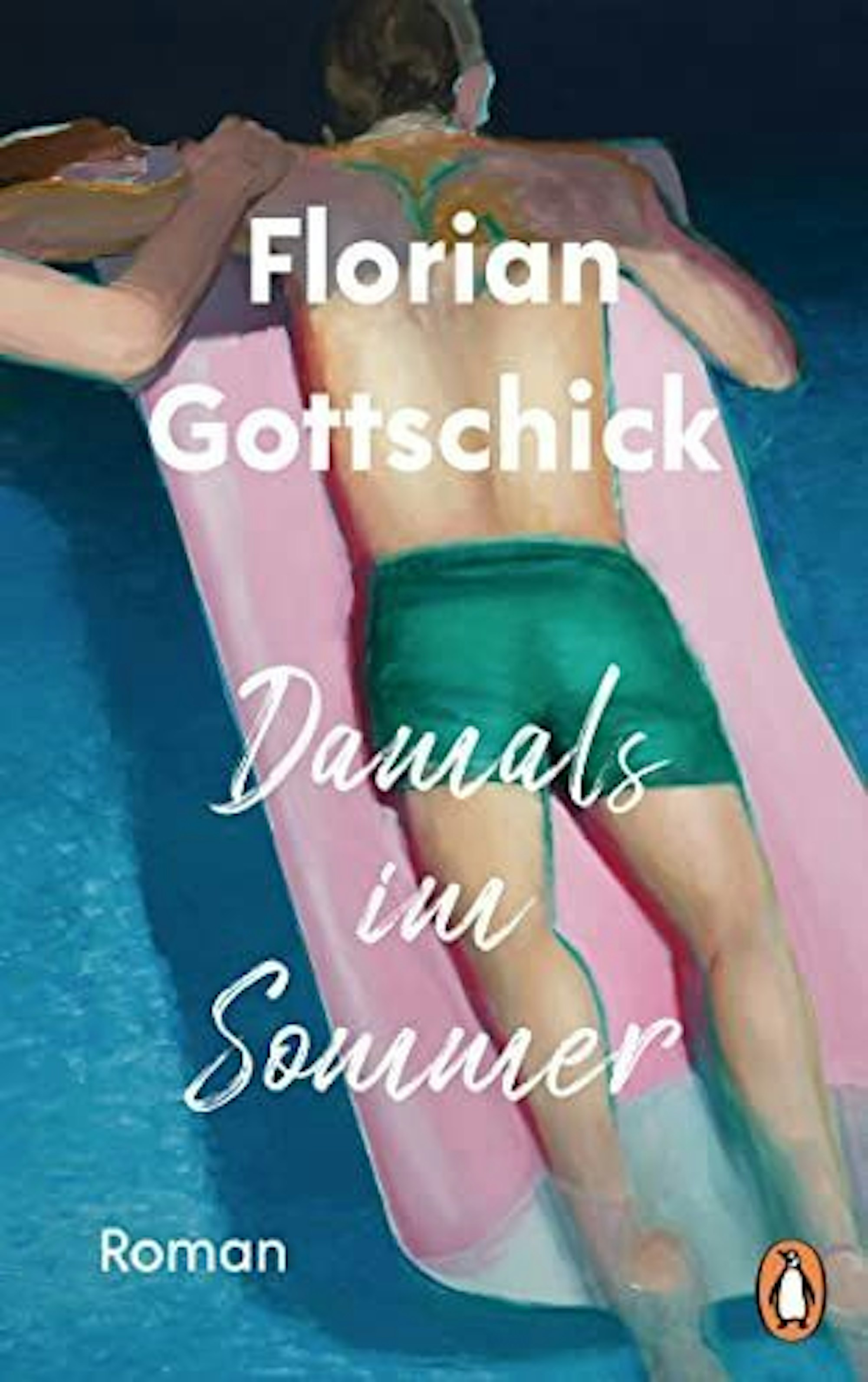 Das Buchcover zeigt einen Mann, der in Badesachen auf einer pinken Luftmatratze im Pool liegt.