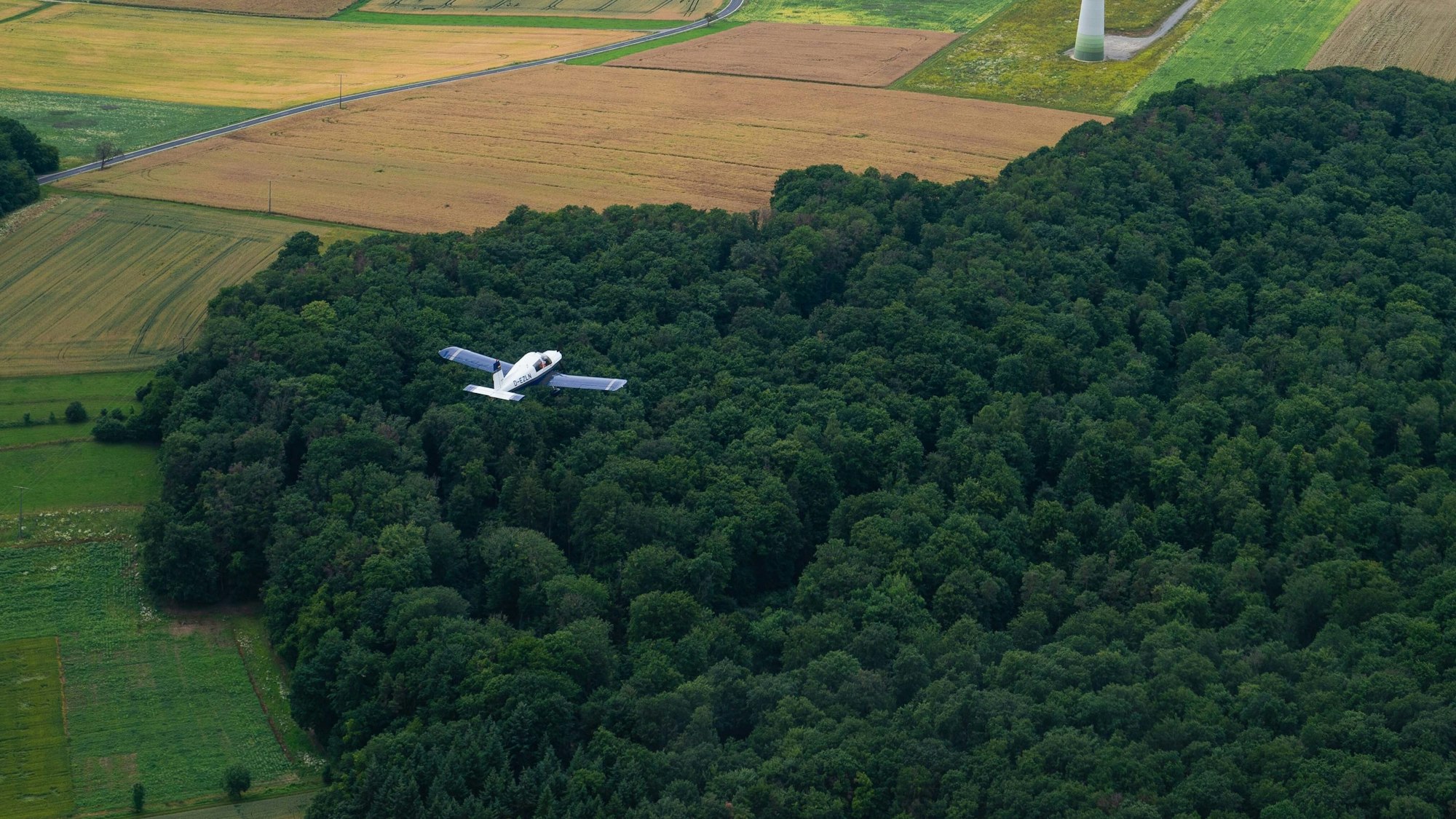 Auf unserem Symbolfoto ist ein Kleinflugzeug über einem Waldstück zu sehen.