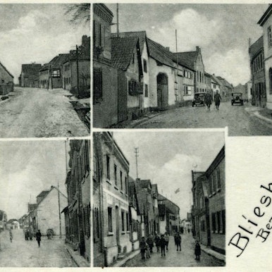 Das Foto zeigt eine alte Postkarte mit Bliesheimer Motiven.