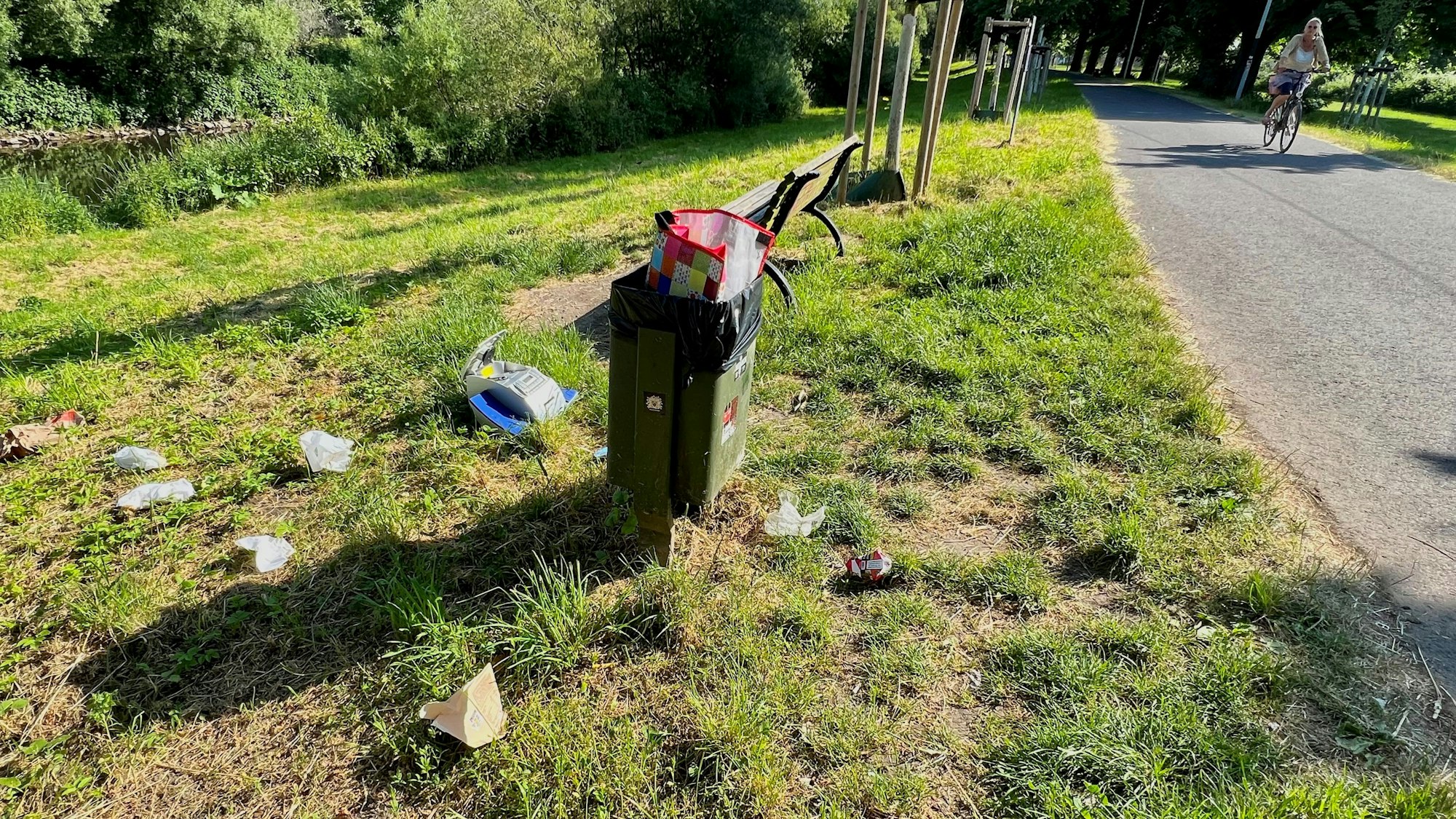 Überfüllter Mülleimer an der Kastanienallee in Opladen