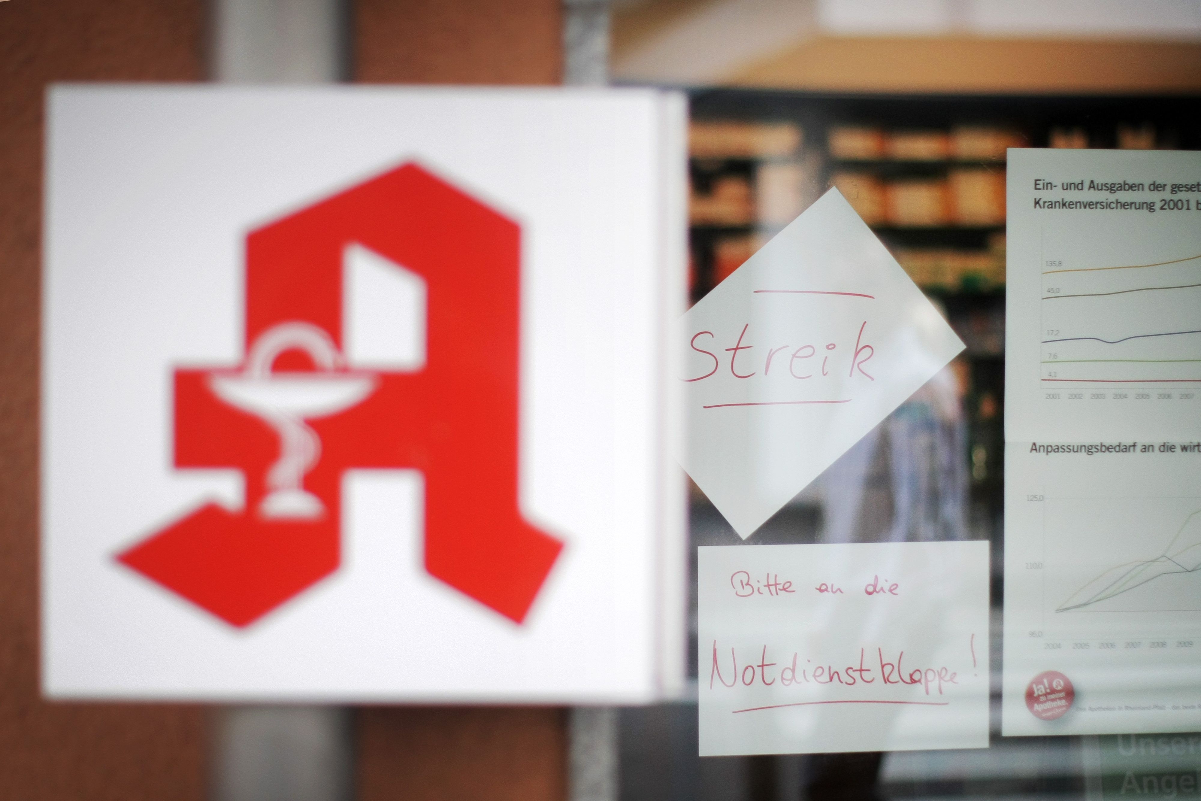An einer geschlossenen Tür einer Apotheke steht  «Streik».